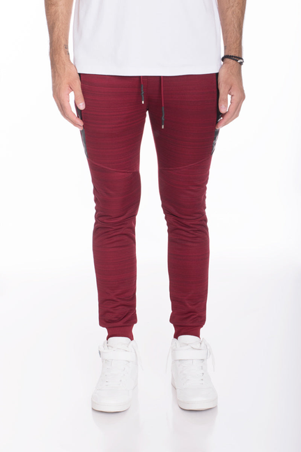 Marble-pattern burgundy jogger pants with ribbed cuffs