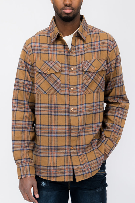 Men's plaid flannel button-up shirt in tan and blue with two chest pockets