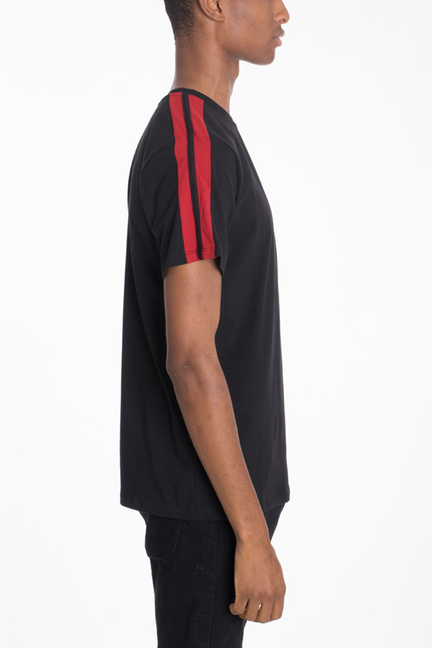Black crew-neck T-shirt with red vertical sleeve stripe, short sleeves