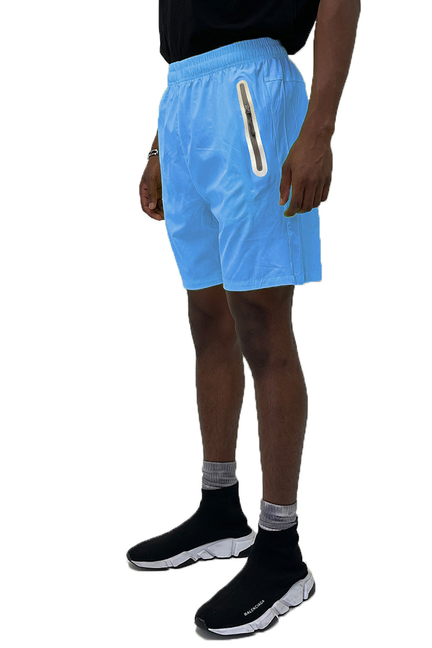 Light blue athletic running shorts with elastic waistband and drawstring