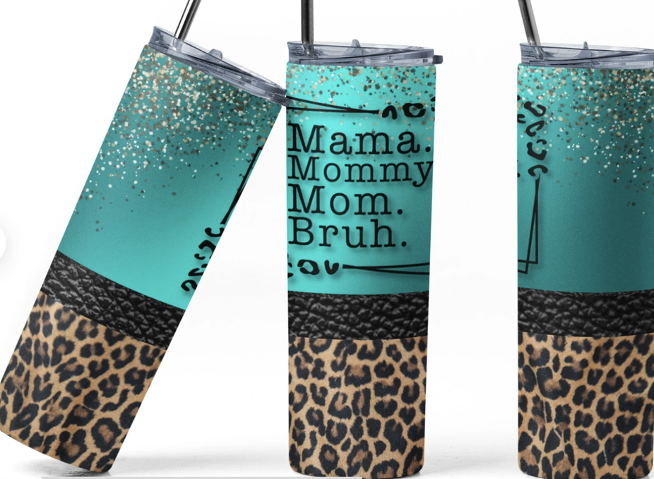 Stainless steel tumbler with turquoise speckled top and leopard-print bottom, black lid