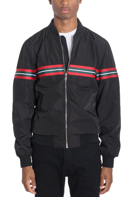 Black taped bomber jacket with zip front and red striped bands
