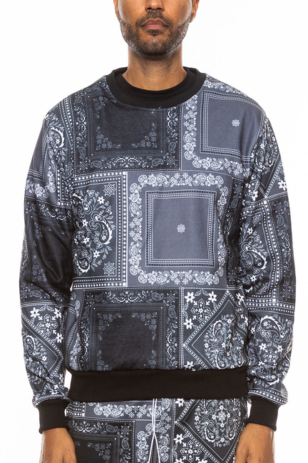 Black crewneck sweatshirt with all-over paisley print, ribbed cuffs and hem
