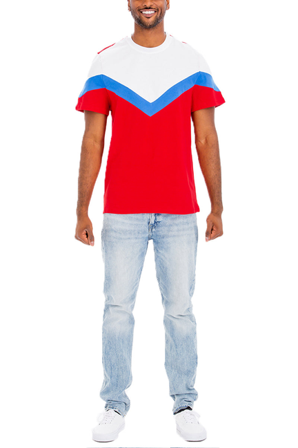 Men's color-block chevron shirt in red, white, and blue with short sleeves