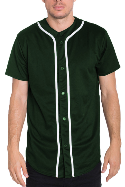 Dark green baseball jersey with white trim and button-front, short sleeves