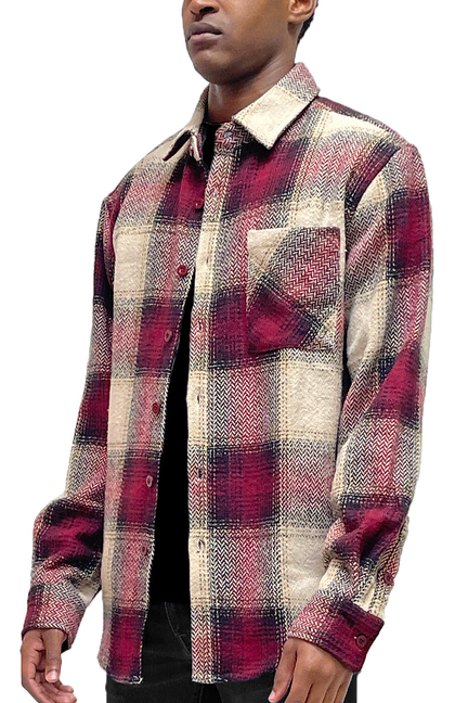 Burgundy plaid flannel shacket with button front, chest pocket, long sleeves