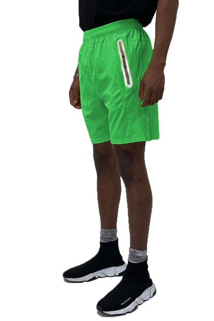 Green performance running shorts with elastic waist and side zip pocket