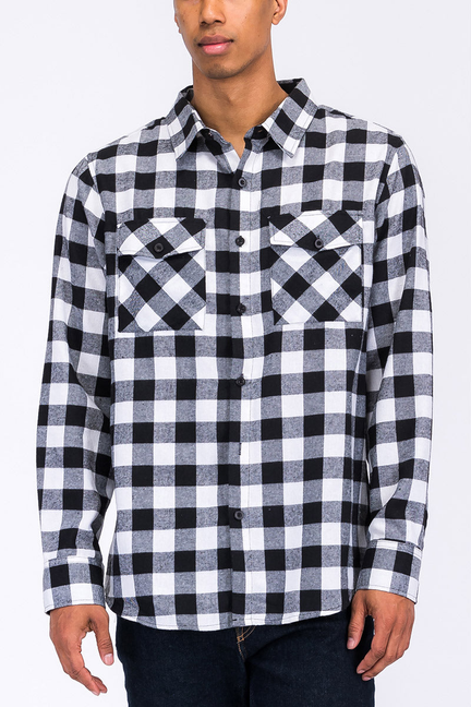 Black-and-white check flannel button-up shirt with long sleeves and chest flap pockets