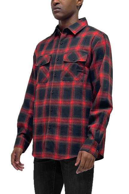 Red and black plaid flannel button-up shirt with chest pockets, long sleeves