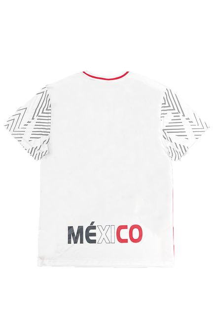 Mexico soccer jersey, white with geometric-pattern sleeves and red MEXICO text