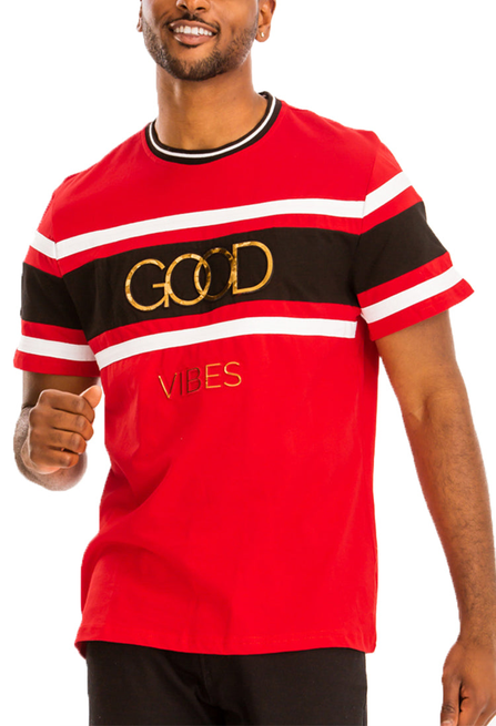 Red crewneck T-shirt with black chest panel, white stripes, gold 'God' and 'Vibes'