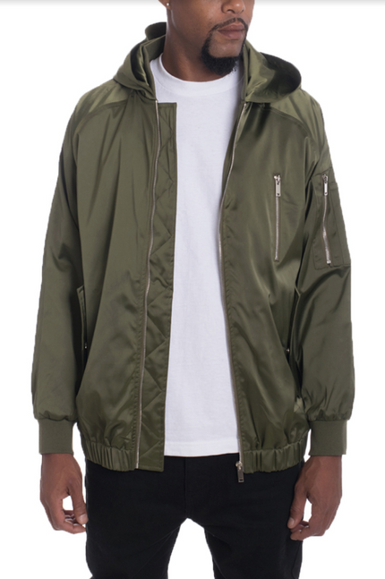 Olive hooded satin windbreaker jacket with front zipper and zip pockets