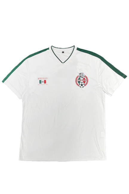 Mexico soccer jersey, white with green trim, V-neck and crest patches