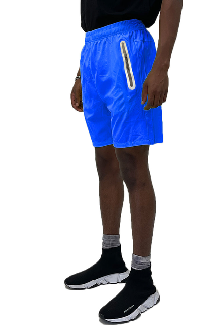 Royal blue performance running shorts with drawstring waist and side zip pocket