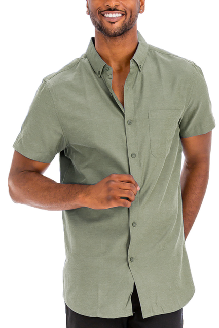 Olive button-down short-sleeve shirt with single chest pocket and collar