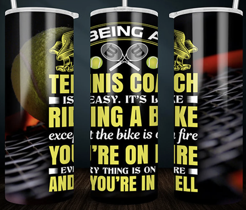 Stainless steel tumbler with black body and yellow graphic wrap, white lettering