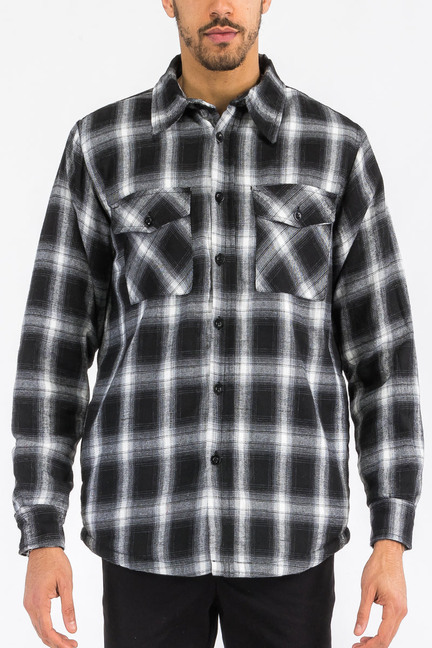 Plaid flannel button-up shirt with chest pockets, long sleeves