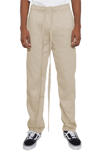 Oatmeal cotton fleece sweatpants with elastic waist, drawstring, and side pockets