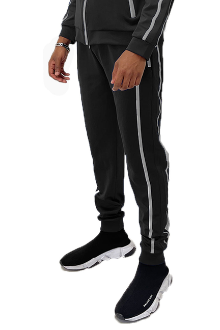 Black jogger pants with vertical contrast tape stripe down legs