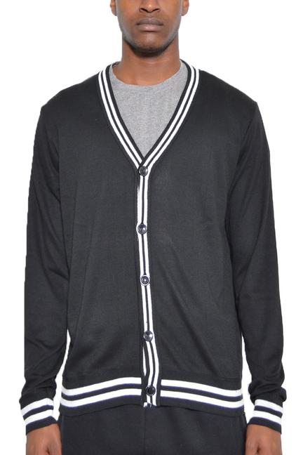 Men's black cardigan with V-neck, button front, and white striped cuffs and hem