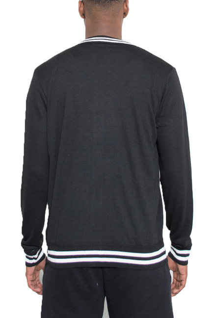 Men's black cardigan back view with white striped band at hem and cuffs