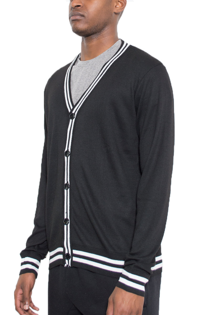 Men's black cardigan, side view, V-neck button front with white striped trim