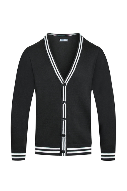 Men's black classic cardigan, V-neck button front with white striped hem and cuffs