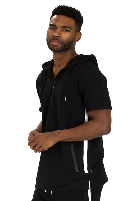 Black short set close-up: zip hooded short-sleeve top with drawstring, over matching shorts