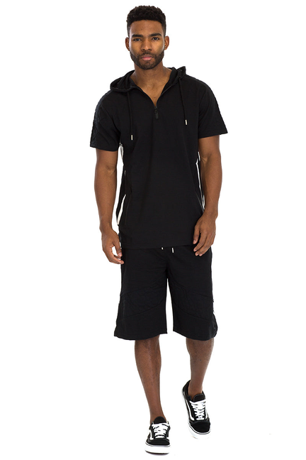 Black athletic short set, front view: hooded short-sleeve top with zipper and drawstring shorts
