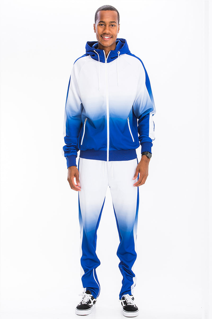 Ombre hooded tracksuit set in white to blue gradient, zip jacket and matching pants