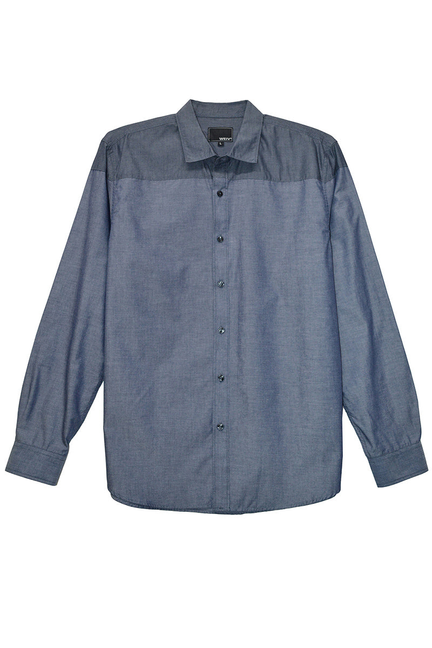 Two-tone long-sleeve denim button-up shirt with darker yoke and cuffs