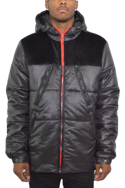 Black suede and puffer hooded jacket with red zipper