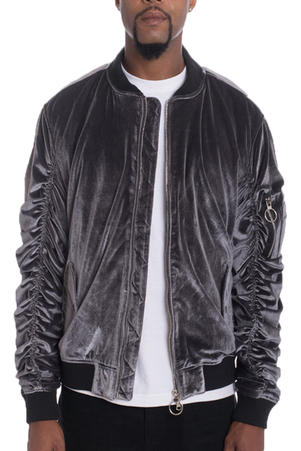 Black velour bomber jacket with front zipper and ruched long sleeves, ribbed hem