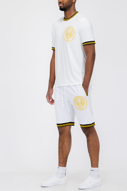 White T-shirt and shorts set with yellow lion-head circular chest and back prints