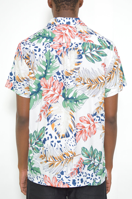 Mens short-sleeve shirt in white with colorful tropical leaf and animal print
