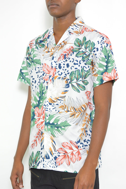Mens short-sleeve button-up shirt with multicolor tropical leaf print on white