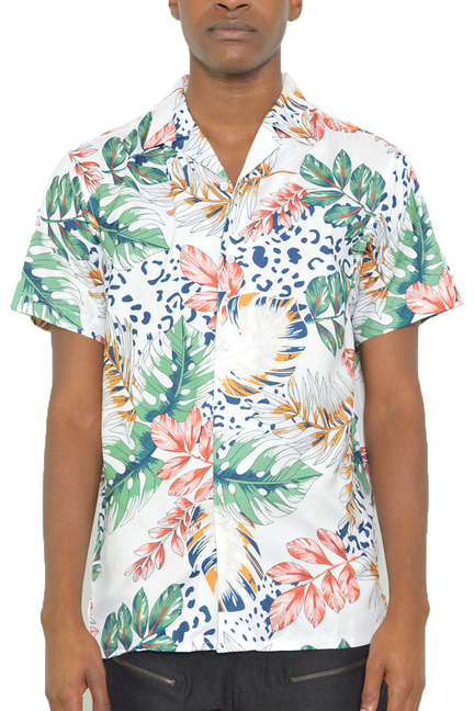 Mens short-sleeve collared shirt with tropical leaf and animal pattern on white