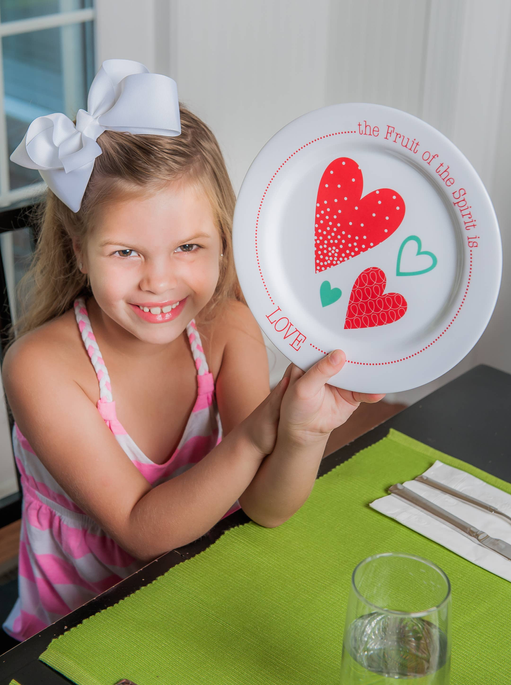White Love bowl with red and pink heart graphic, dotted circle text and blue hearts