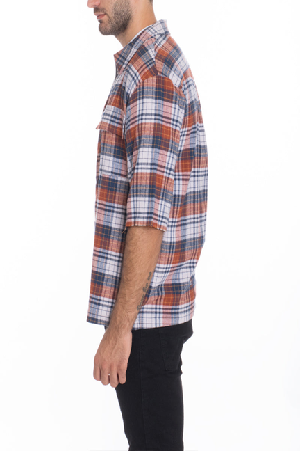 Men's plaid zip-up flannel shirt in orange, blue, and white checks