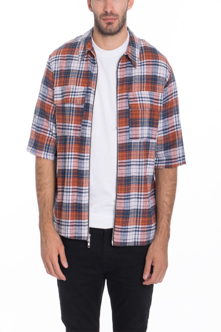 Men's plaid zip-up flannel shirt front view, orange blue white checks, chest pocket
