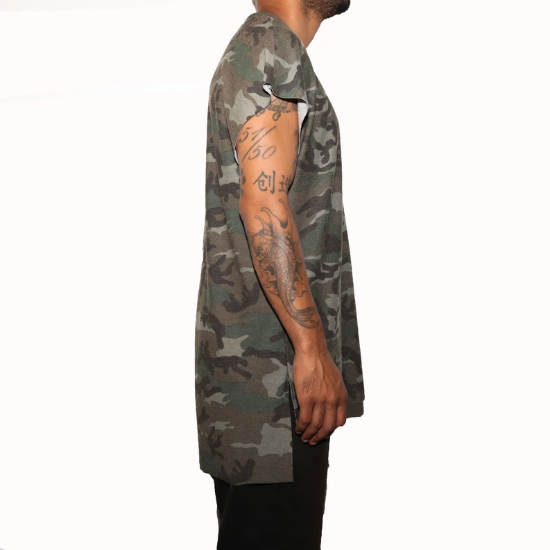 Camo cutoff T-shirt, side view, with relaxed drape and dark green-gray camouflage print