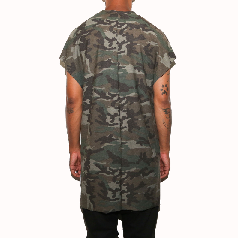 Camo cutoff T-shirt with crew neck, short sleeves, and all-over dark green-gray pattern