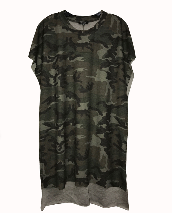 Camo cutoff T-shirt dress, crew neck, drapey loose fit, dark green-gray camouflage