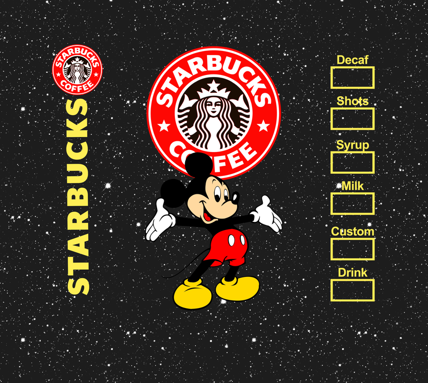 Stainless steel tumbler with Starbucks Coffee logo and drink menu graphics