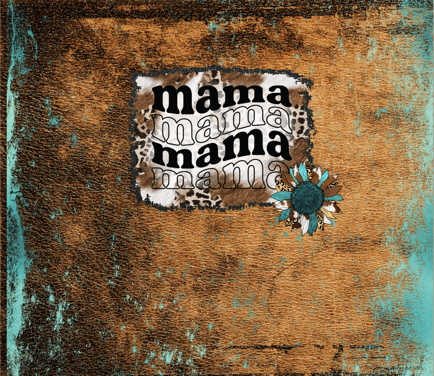 Stainless steel tumbler with repeated “mama” graphic and floral detail