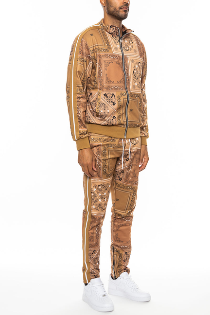 Khaki all-over paisley track jacket and matching track pants set