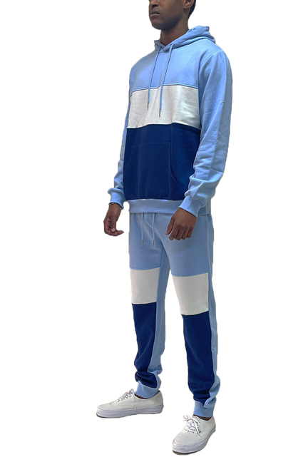 Color block sweatshirt and jogger set, light blue with navy and white panels