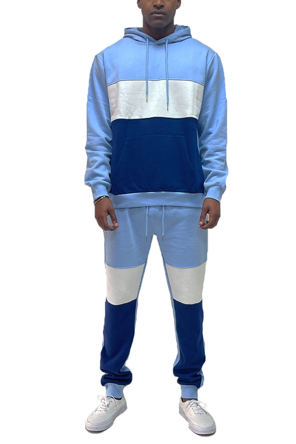 Color block hoodie and jogger set, light blue with navy center panel and white blocks
