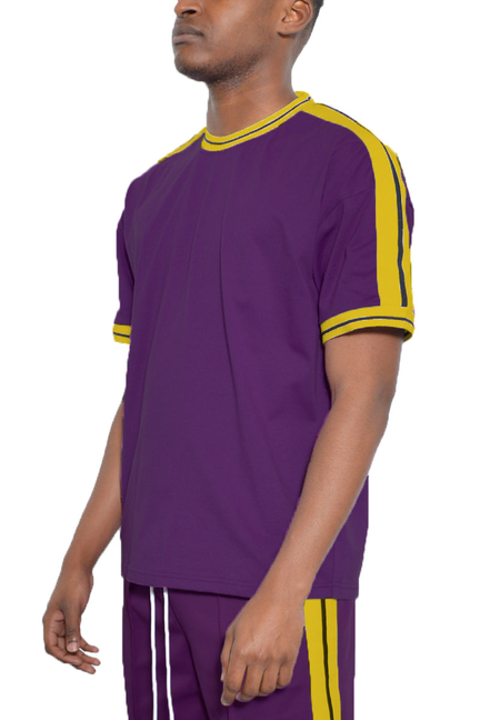 Purple T-shirt with yellow side stripes and striped crew neck cuffs