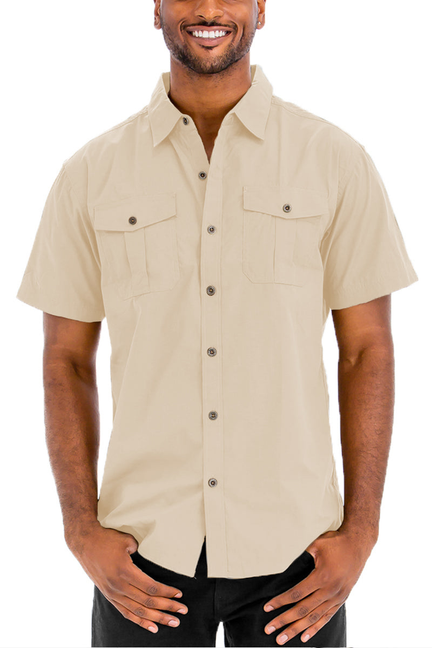 Cream short-sleeve button-down shirt with two chest pockets and front button placket